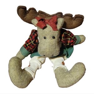 Vtg Cabin Fever Stuffed Moose Green Dress Red Plaid Hand Crafted